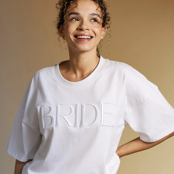 miss to mrs Tops - White "BRIDE" Embroidered Short Sleeve Tee